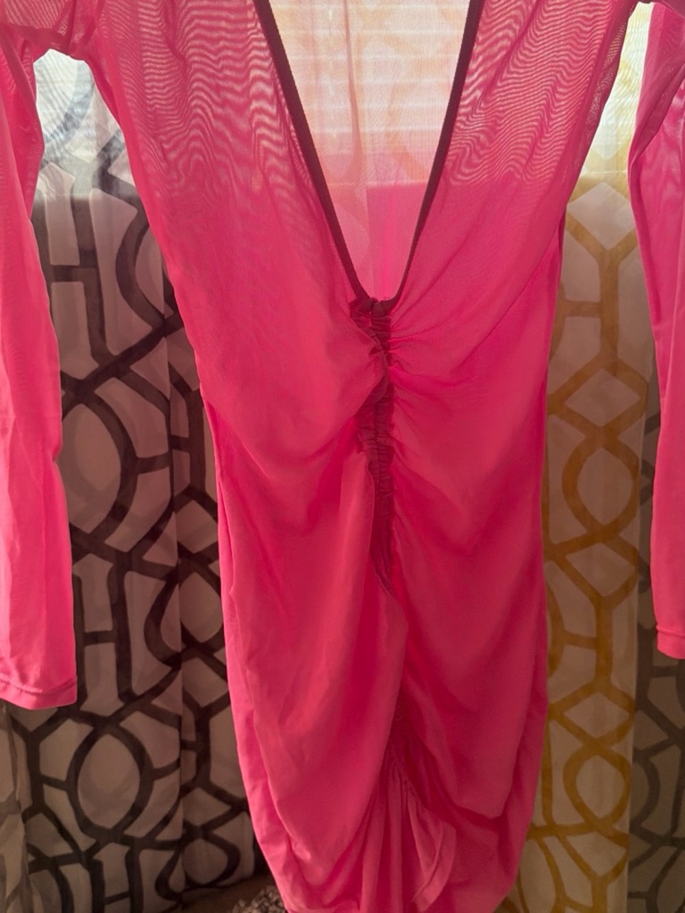 Sheer Ruched Deep V Women's Dress - Hot Pink